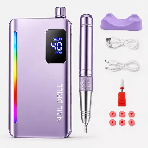 40000 RPM Professional Nail Drill Powerful Electric Nail File Low Vibration with Rainbow Light 15H Long Battery Life Cordless Motor Quiet for Quick Acrylic Removal for Home DIY and Salon