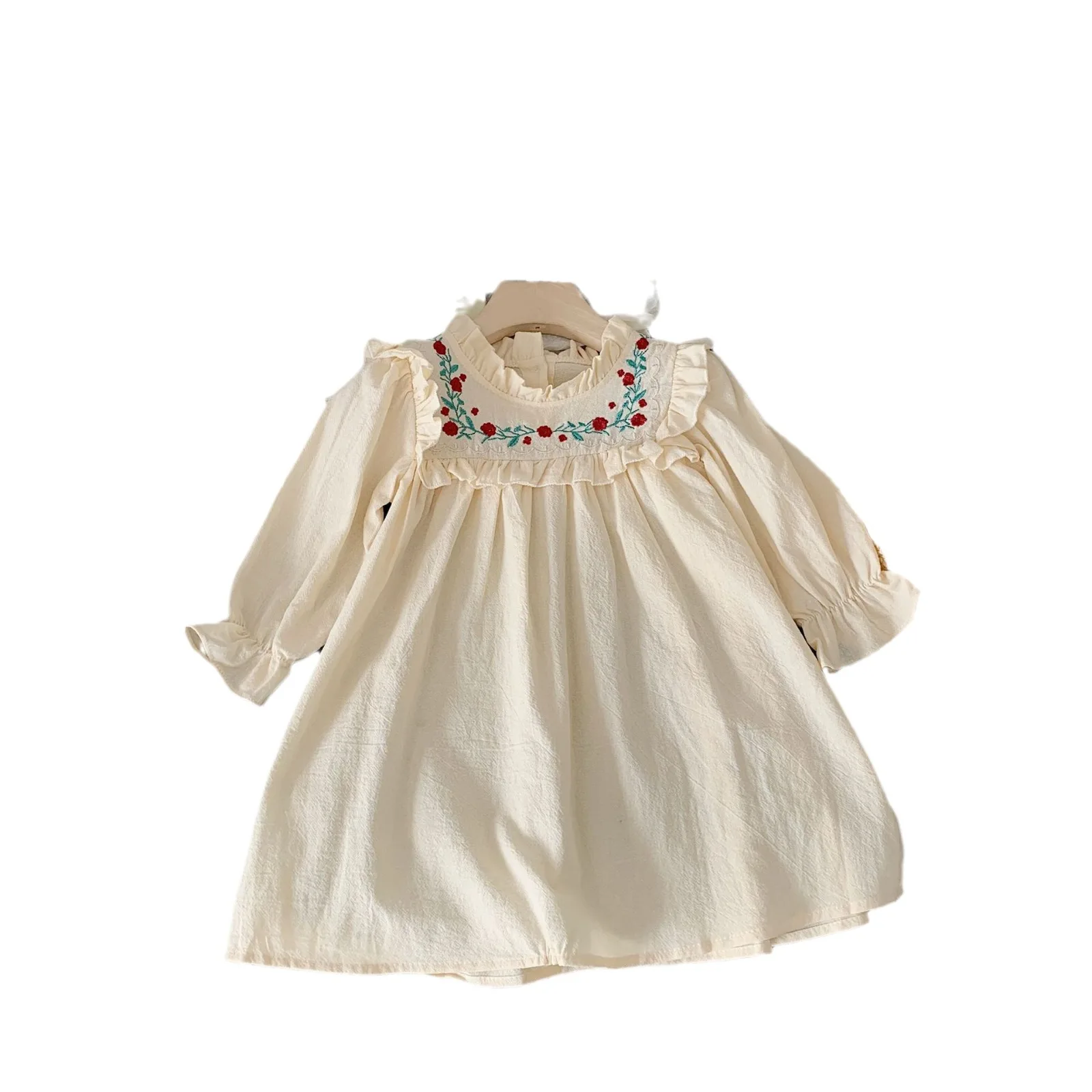 New Autumn Children Girls Dress Lace Collar Floral Embroidery Patchwork Baby Girls Dress Cotton Knee Length Kid Girls Dress