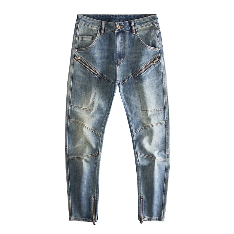 Retro vintage motorcycle spliced jeans, men's fashion trend, elastic slim fit, small leg denim pants