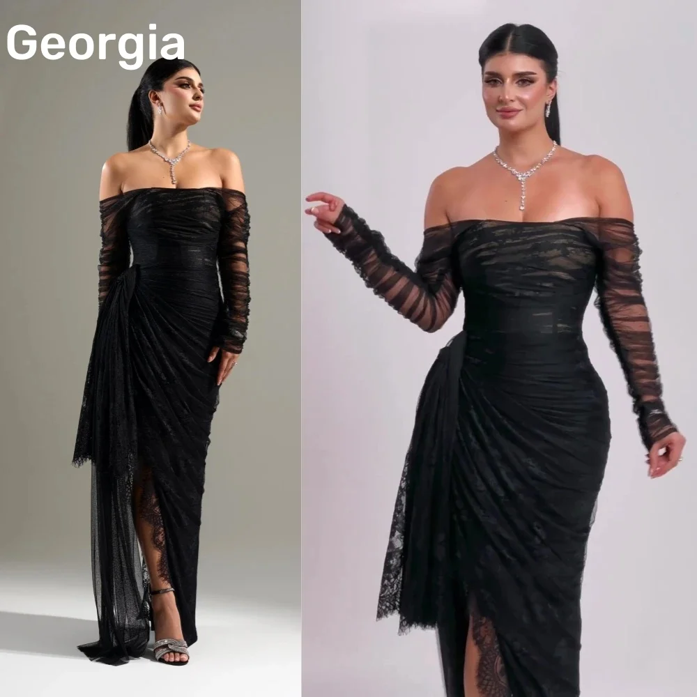 

Customized فساتين سهرة سعودية فخمة Sheath Off-The-Shoulder Neckline Evening Dress Ruffle Lace Zipper Up Long Sleeves Lining Dres