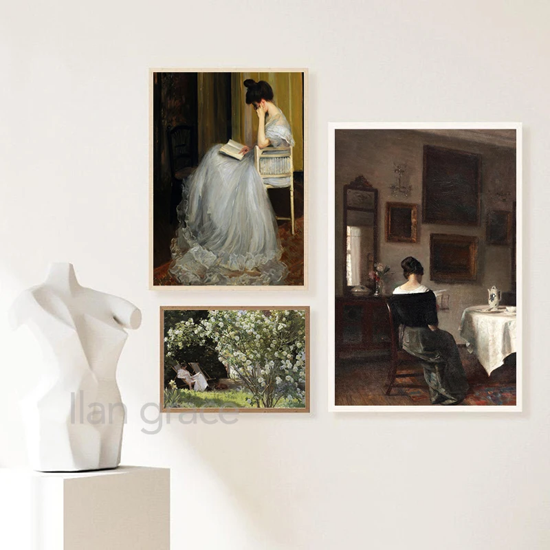 فتاة القراءة Vintage النفط الطلاء على قماش الملصقات العتيقة امرأة قارئ صورة الفن طباعة الفتيات غرفة مكتب ديكور جدران المنزل