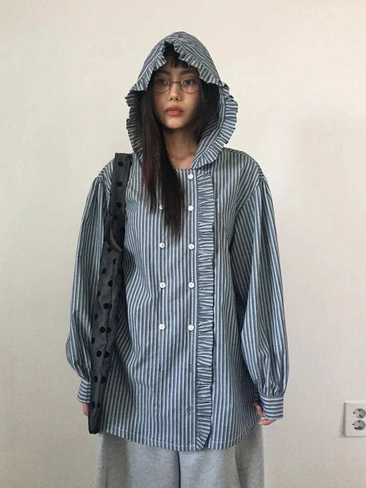 Loose Long Sve Striped irt with Hood for Women Spring New Sle Retro Ear Musoom Lace Casual Versatile Outerwear