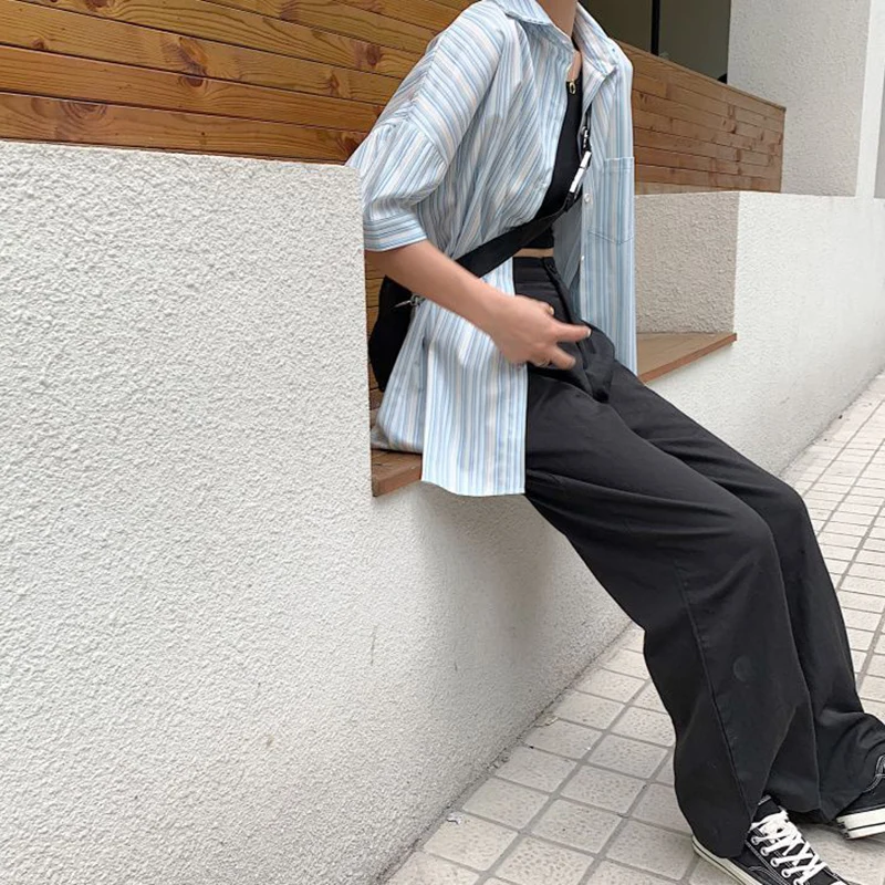 Harajuku Losse Gestreepte Shirt Vrouwen 2025, Korte Mouw Kraagvorm Zomer Blouse Vrouw Vintage Pocket Mix Kleur Shirts Vrouwelijke