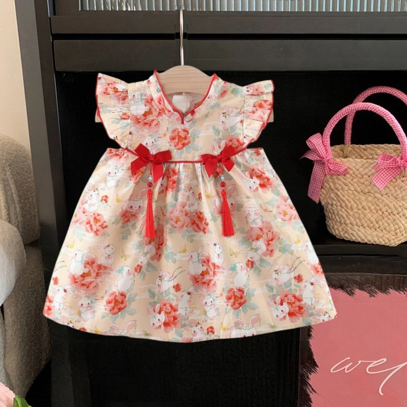 

Summer Baby Clothes Flower Rabbit Printed Cotton Dress for Baby Girl Chinese Style Baby Dress