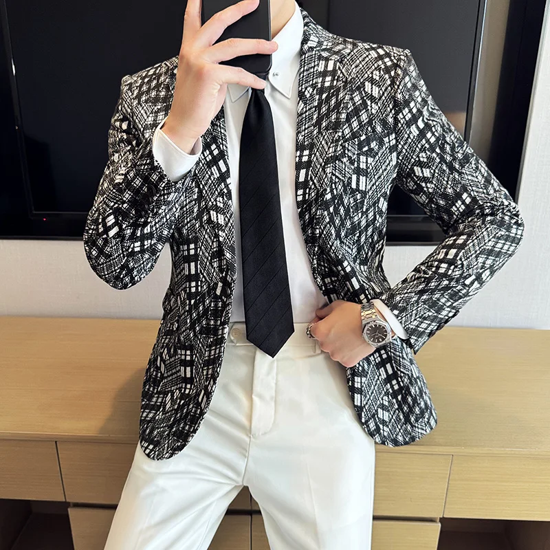 Men\'s Formal High-quality Plaid Suit Jacket 2024 Autumn New Slim Fit Business Wedding Social Dress Jacket Blazer Size 4XL-M