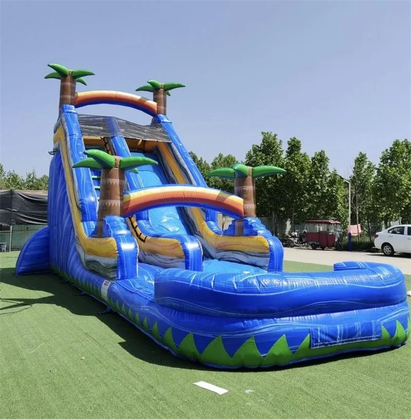 

Commercial backyard palm tree jumping bouncer marble tropical wate slide bounce house inflatable water slide with pool