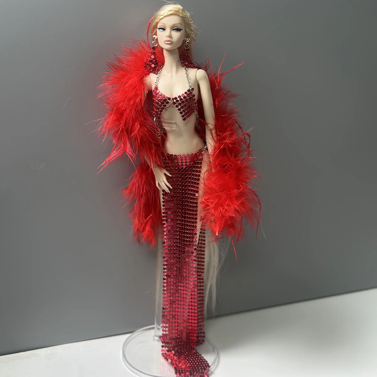 Red Classics Luxury Metal Sequins Vest+Slit Half Skirt+Feather Shawl+Earring Set For 1/6 Babi Xianxian Supermodel Doll Clothes