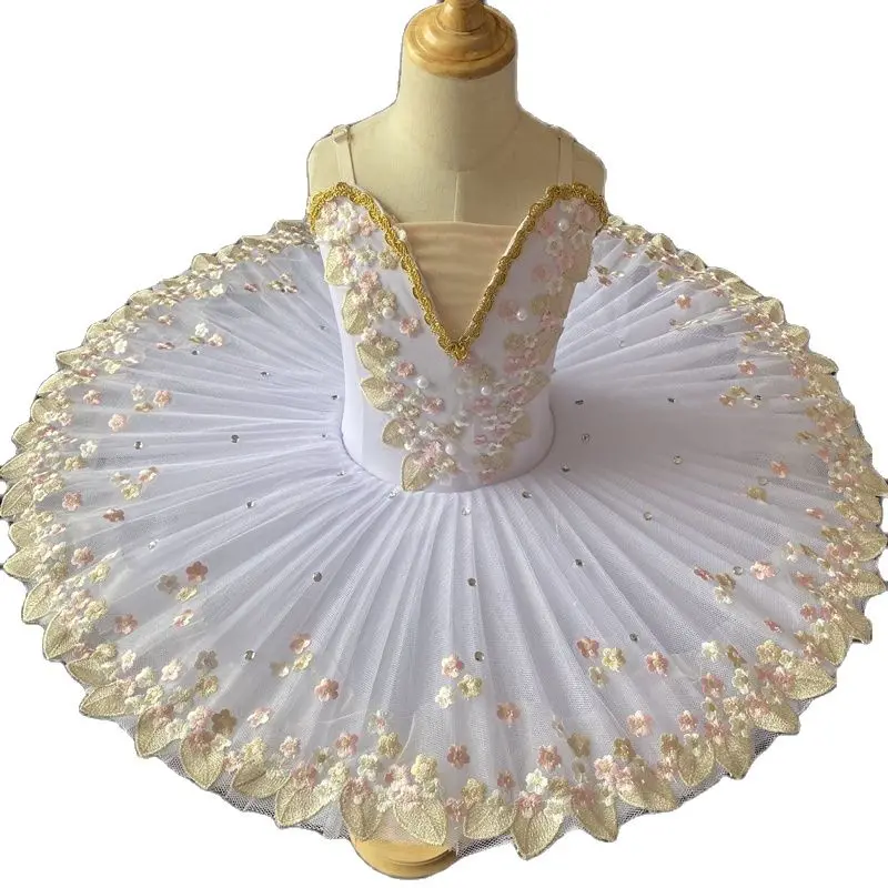 Ballet Tutu Skirt For Girls Children\'s Dance Costumes White Swan Belly Performance Dress Floral Embroidered Crystal