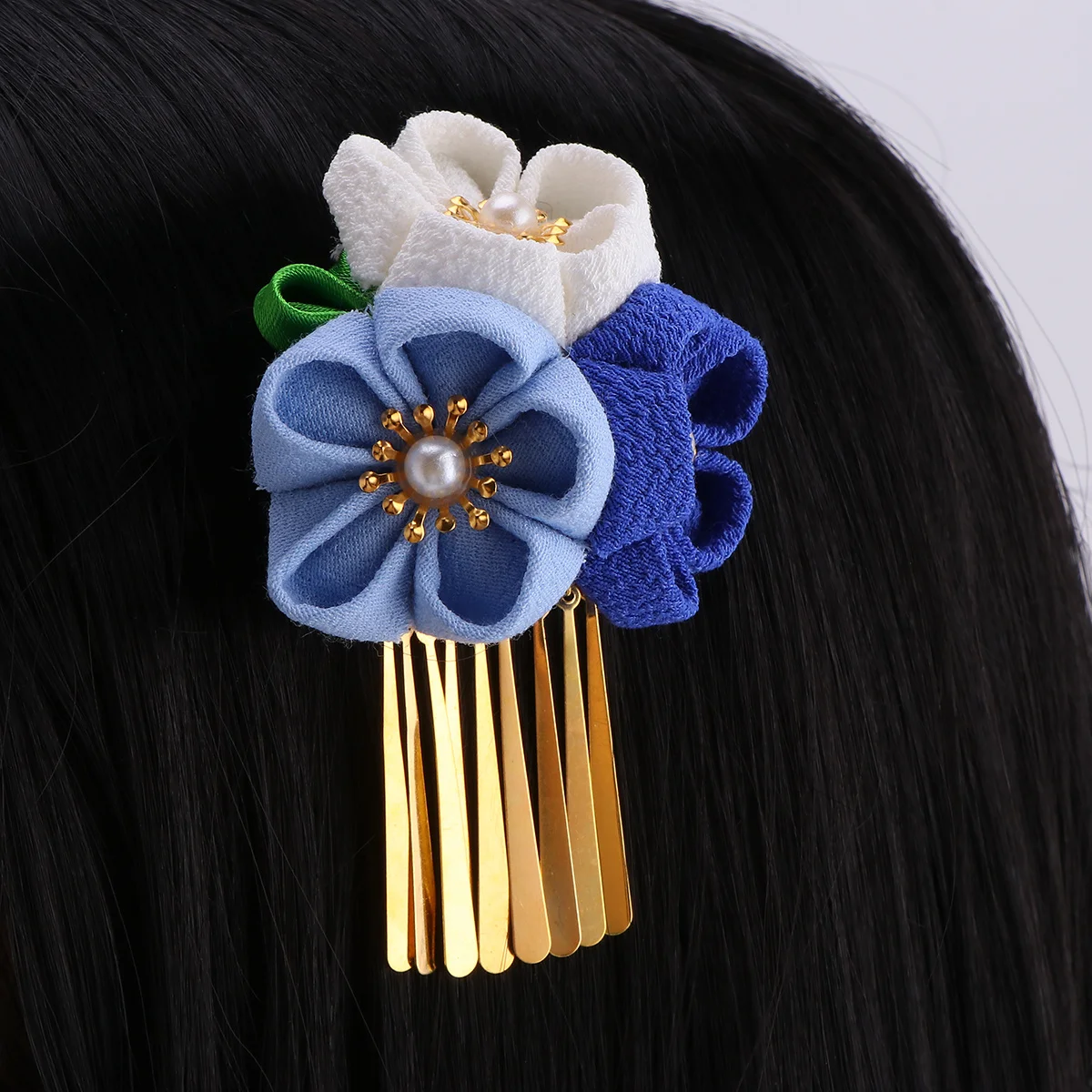

Blue Japanese Style Flower Hair Clip Soft Cloth Tassel Hairpin for Hanfu Kimono Wedding Festival Party Role Play