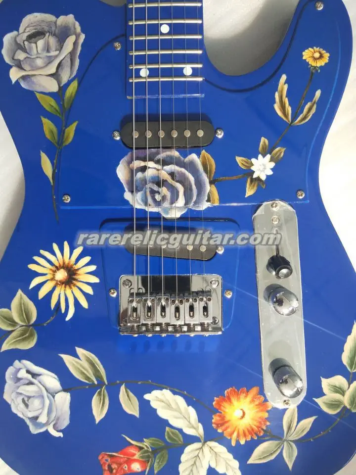 Rare Hand Work Paint Prince Floral Flower All Blue Electric Guitar Tremolo Tailpiece, Chrome Hardware, White Dot Inlay