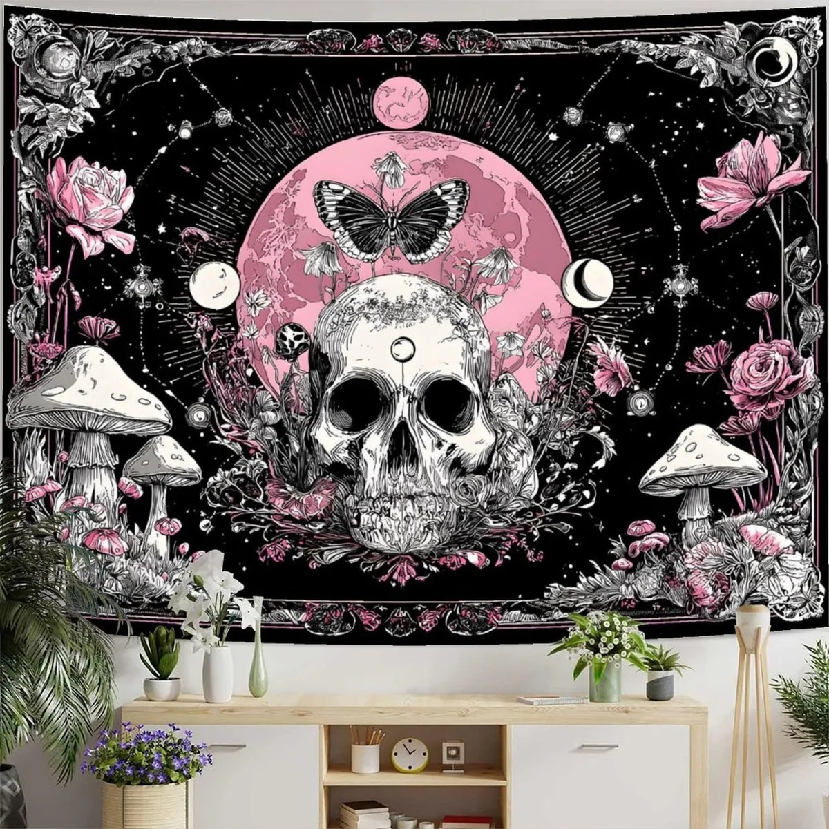 Gothic Bohemian Wandteppich Wandbehang Rosa & Schwarz Totenkopf Pilz Fantasy Kunst mit Mondphase Rose Meerjungfrau Skala Muster Horizon