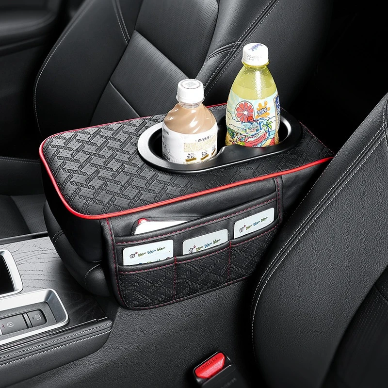 Car Center Console Pad with 2 Side Pockets and 2 Cup Holders, Faux Leather Universal Car Armrest Seat Box Covers Protector