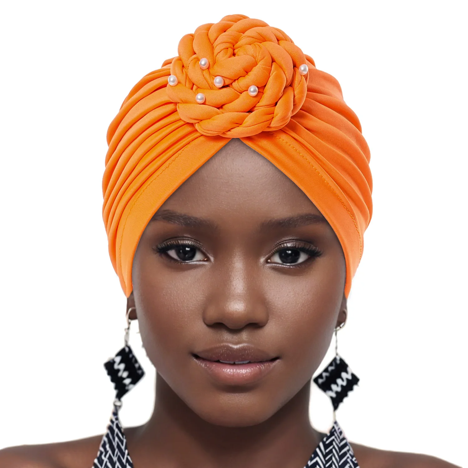 African Women's Fashion Top Knot Pearl Flower Decor Headwrap Hats Muslim Cross Twist Beanie Bandana Cap Head Wear Accessories