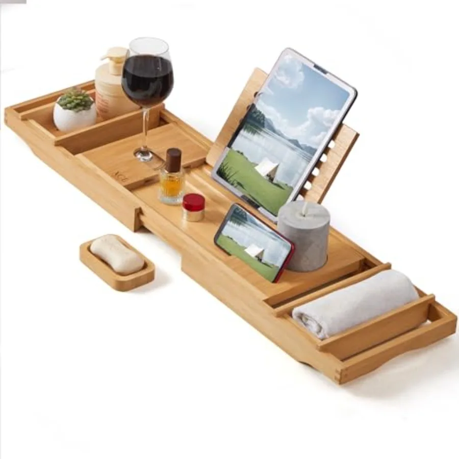 

Bamboo Bathtub Caddy Tray - Expandable to 41 Inch with Book Stand, Soap Holder and Anti-Slip Pads for Luxury Bath Spa