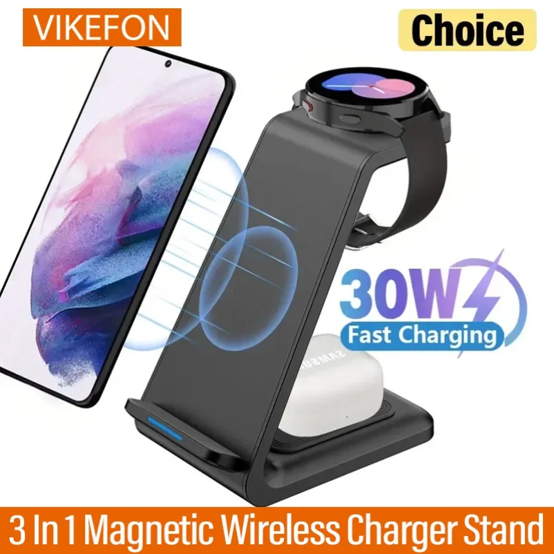 

Подставка для быстрой беспроводной зарядки 30 Вт для iPhone 16-12 Samsung S24 S23 Apple Watch 8/7 Samsung Galaxy 6/5 Зарядная станция 3 в 1
