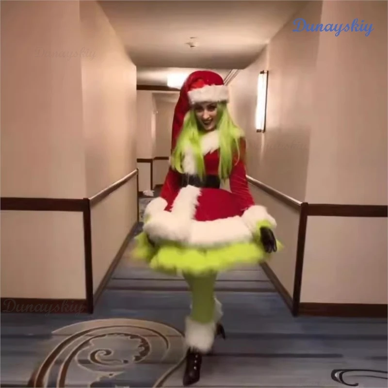 Vestido de Navidad de Papá Noel estilo Ins, disfraces de Cosplay para mujer, disfraces de actuación de fiesta de monstruo de piel verde, capa, peluca, diablo, 2025