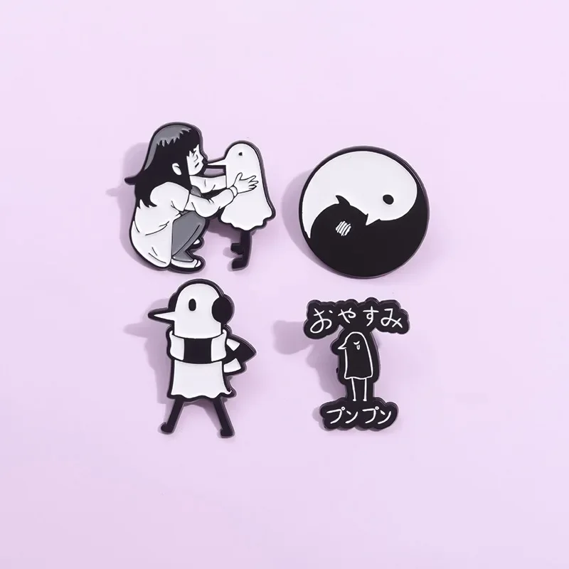 Black and white comic enamel pin Cartoon brooch of a little girl saying goodnight to a white chick doll Accessories Metal Badge