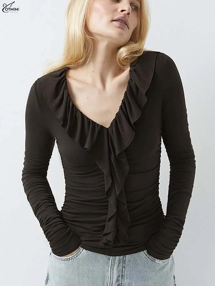 

Oymimi Elegant Black V-Neck Woman Blouses Fashion Ruffled Long Sleeve Slim Blouses Casual Solid Knitting Blouse Female Clothing