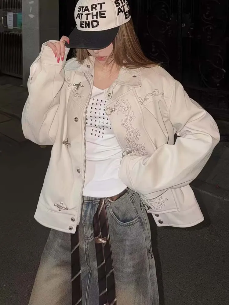 Vintage Embroidery Jacket Plane Buckle Turn Down Collar Workwear-style Jacket Women Spring Autumn Retro Streetwear Coat Tops