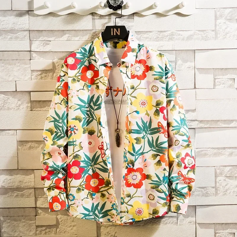 Autumn New Rose Mens Shirt Hawaiian Casual Printing Slim Long Sleeve Turn-Down Collar Button Party shirt