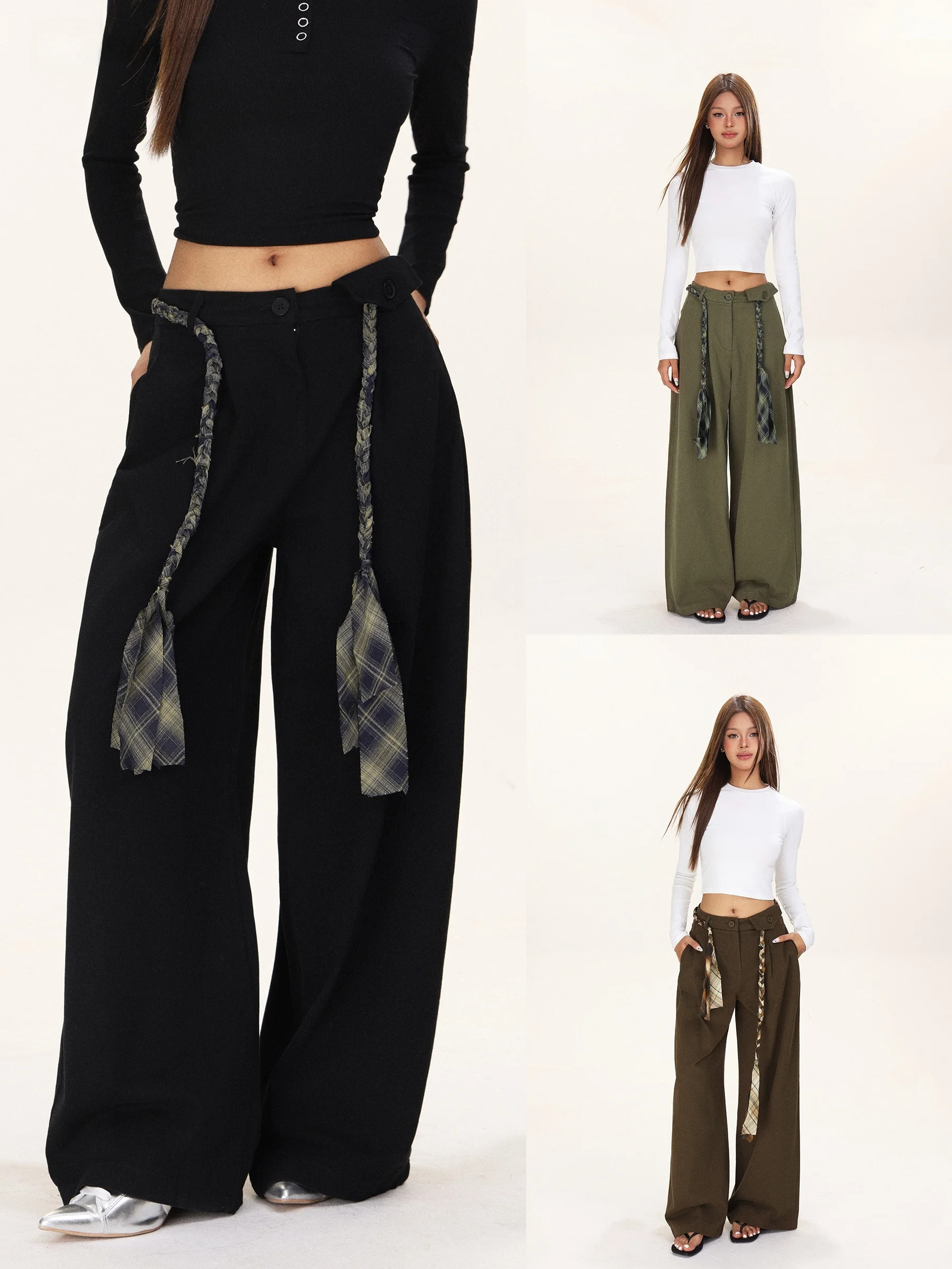 

Женские брюки с высокой талией, прямые, струящиеся, в рабочем стиле, осенне-зимние, американского кроя, с завязками, зауженные, широкие, длинные