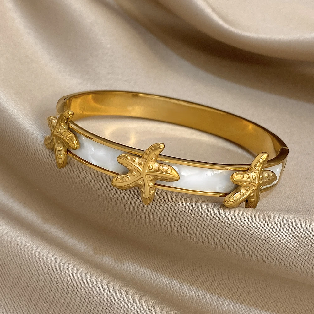 Flashbuy نمط جديد الذهب اللون خمر نجم البحر سحر قذائف الفولاذ المقاوم للصدأ أساور سوار للنساء تكويم المعصم مجوهرات #6