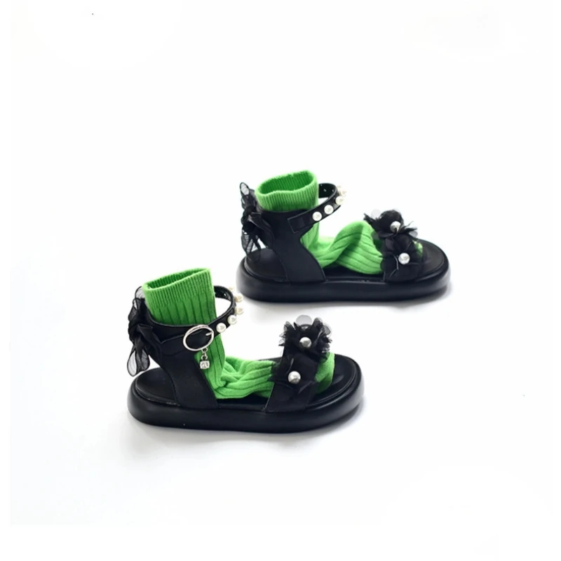 Cow Leather Girls Gladiator Sandals Summer Fashion Pearl Bow Genuine Leather Children's Beach Sandals Kids Children's Shoes