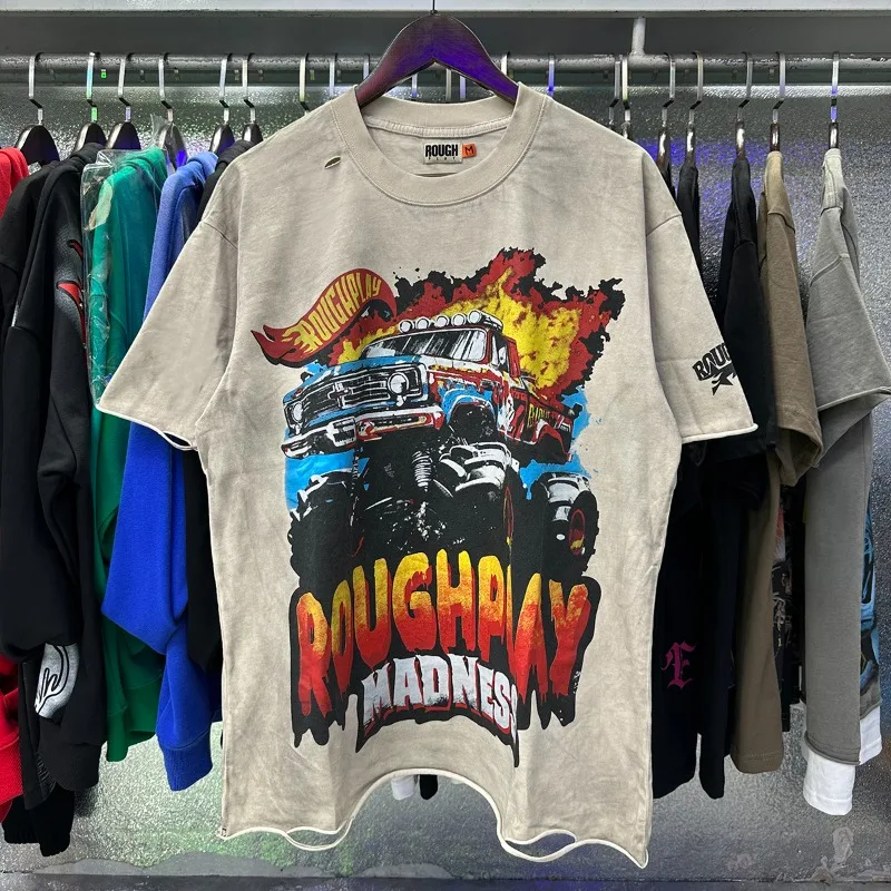 Rough Off Road Vehicle Printed T-shirts Men Women Hole Washing Vintage Oversized T Shirt
