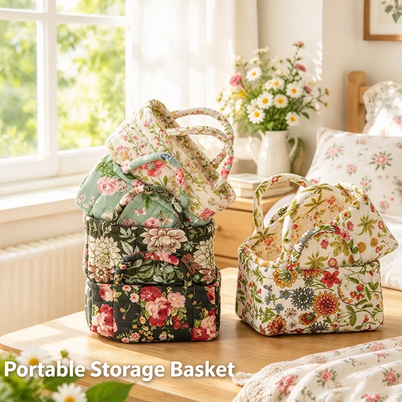 Panier de rangement matelassé à motifs floraux, panier organisateur en tissu portable, sac de rangement pour cosmétiques pliable, idéal pour la maison et la chambre à coucher.