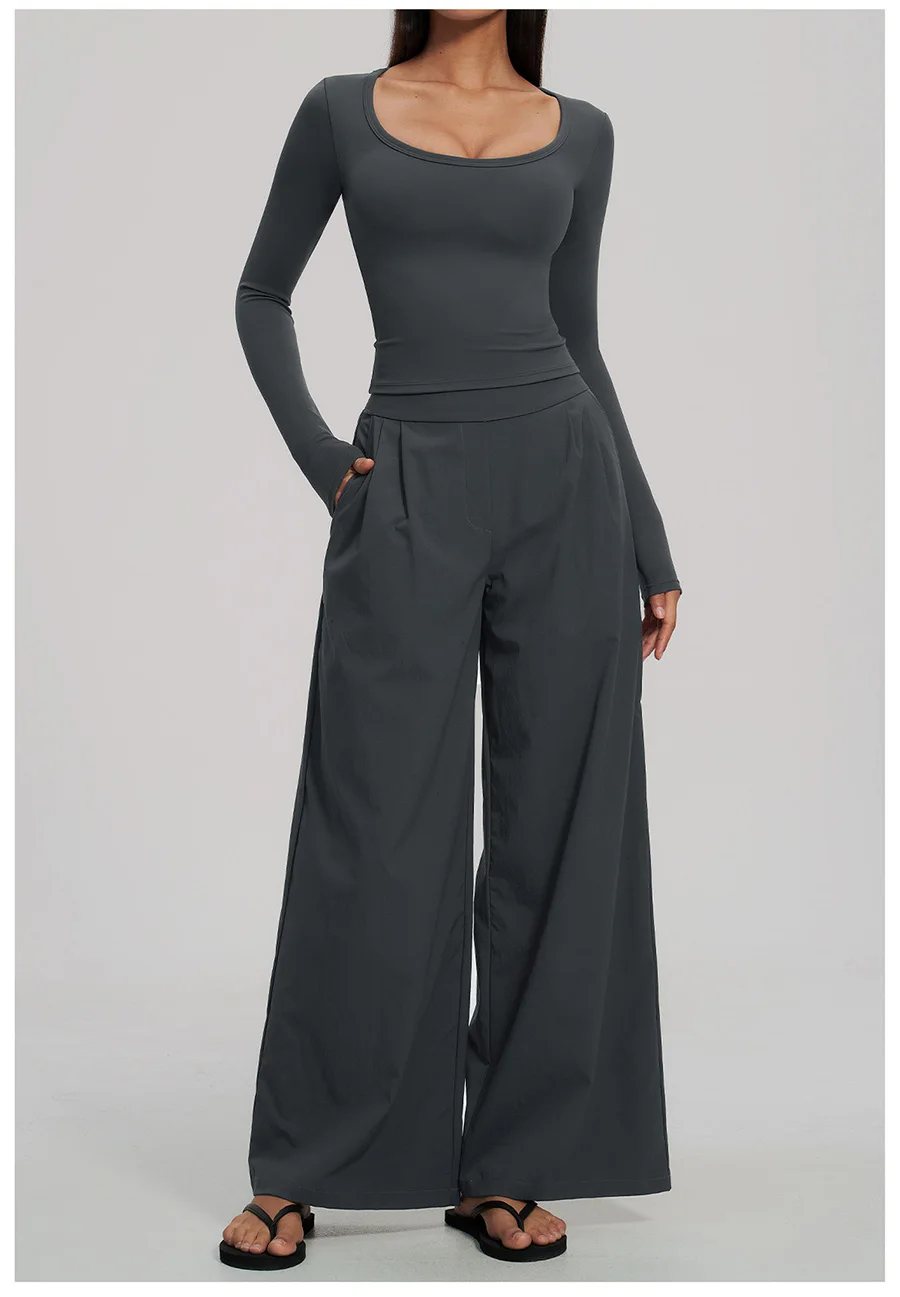 2-teiliges Yoga-Set für Damen, Langarm-Fitness-Oberteil, Trainingsanzug, Sportbekleidung, High-Waist-Hose mit geradem Bein, Fitness-Sportanzug – Detail 20