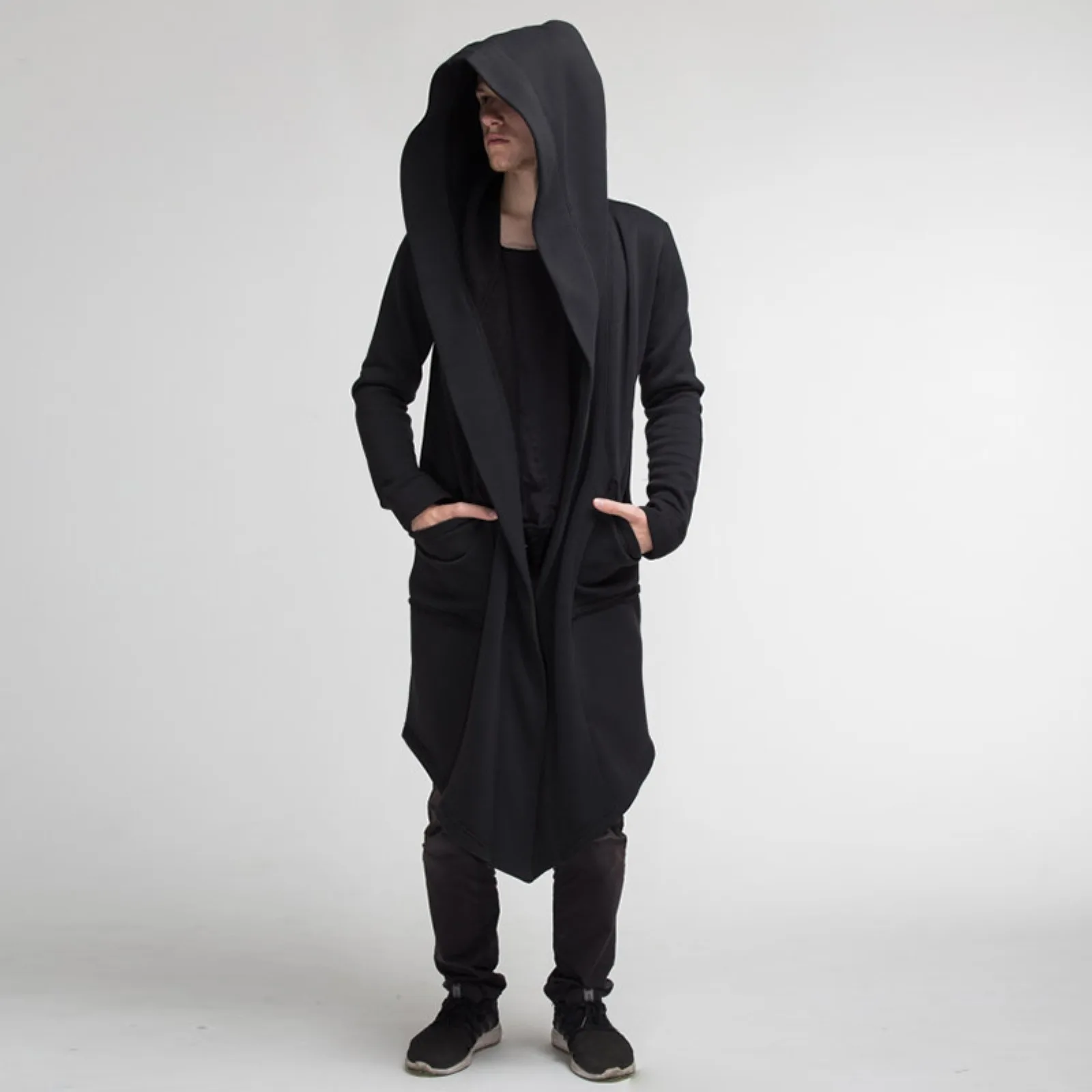 

2024 Punk Men Long Cardigan Sweatshirt Hooded European Windbreaker Autumn And Winter Cape Long Hooded Jacket Male Trench Coat