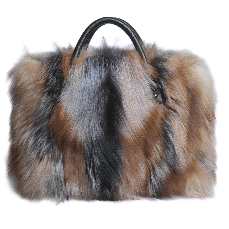 2023 New Women Silver Fox Fur Handbags Genuine Cowhide Hard Handle Big Handbag Full-pelt Red Fox Fur Large Shoulder Bag