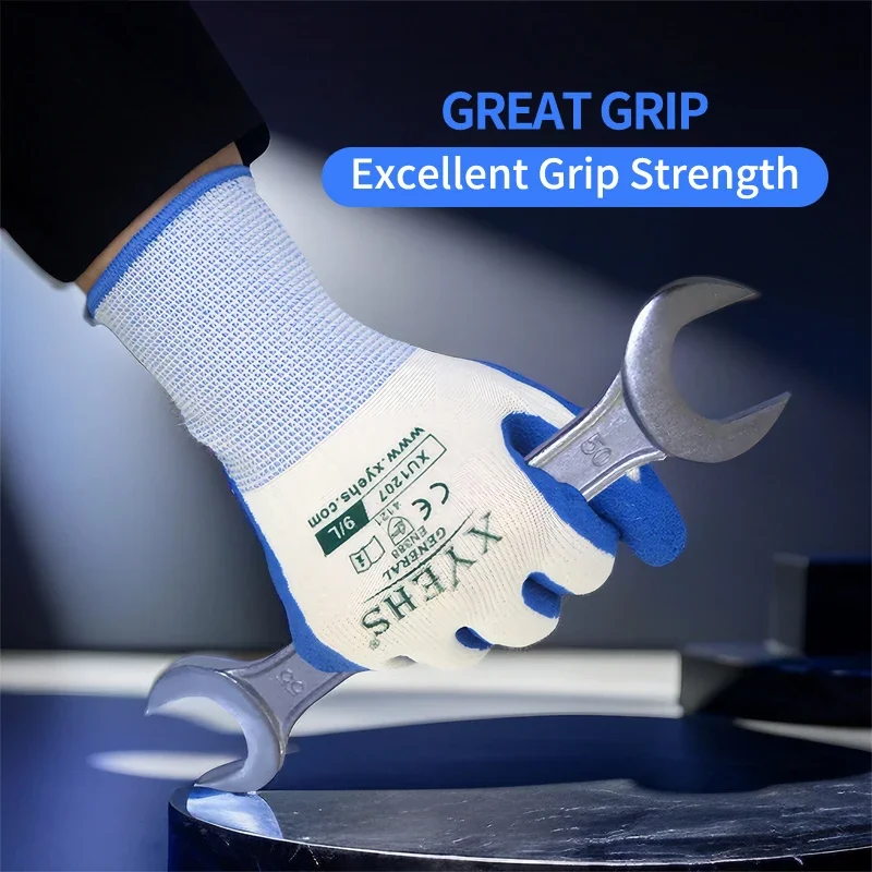 XYEHS XU1207 Anti-Slip Dipped Latex Coated Safety Work Gloves, 13 Gauge Polyester, Abrasion & Water Resistant for Construction