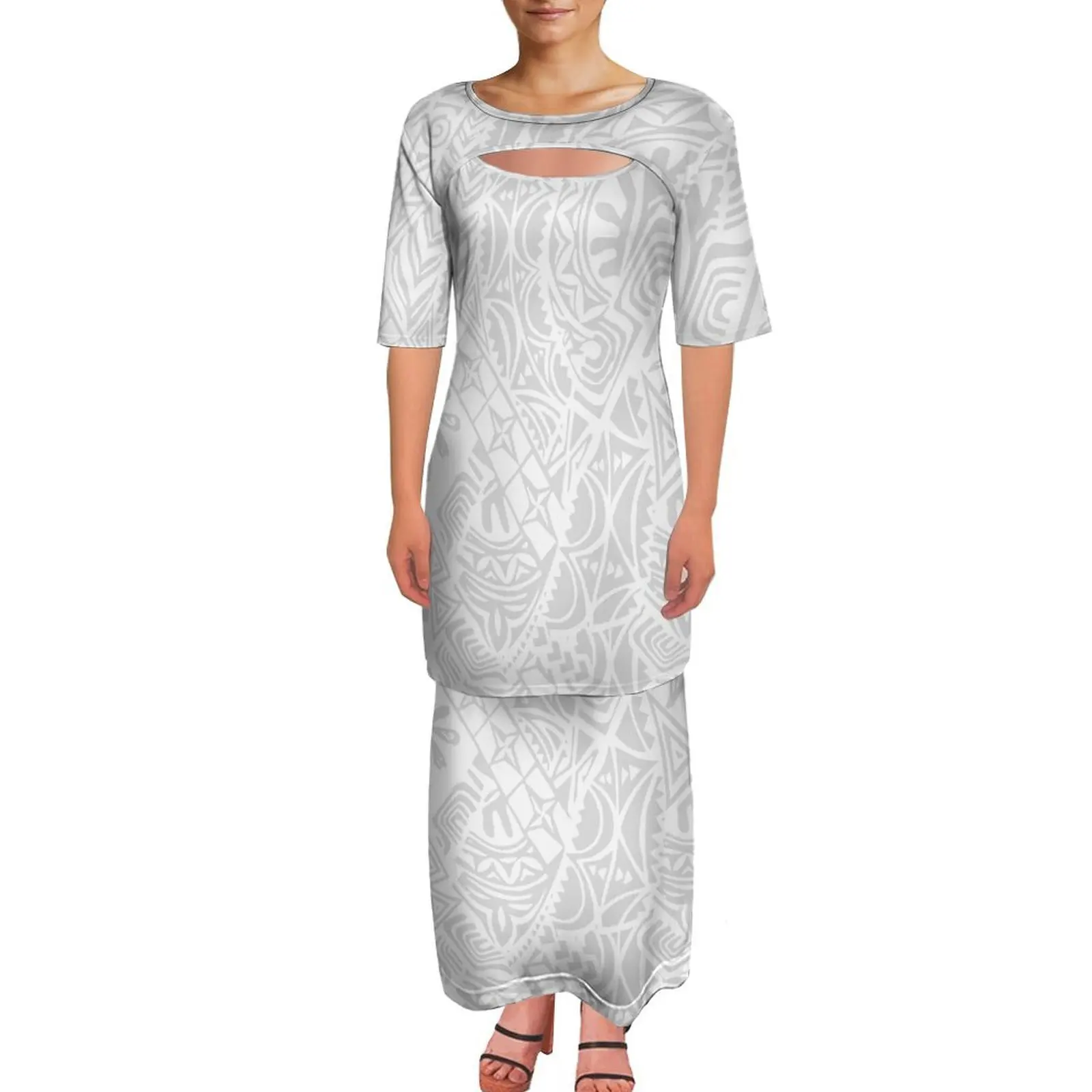 Polynesian Customizable Pattern Printed Women'S White Sunday Dress Elegant Open-Necked Fake Two-Piece Design Puletasi Set Skirt
