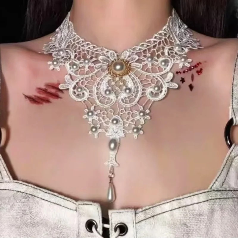 Gothic White Lace Necklace for Women Steampunk Water Drop Choker Necklaces Girls Party Jewelry Gift