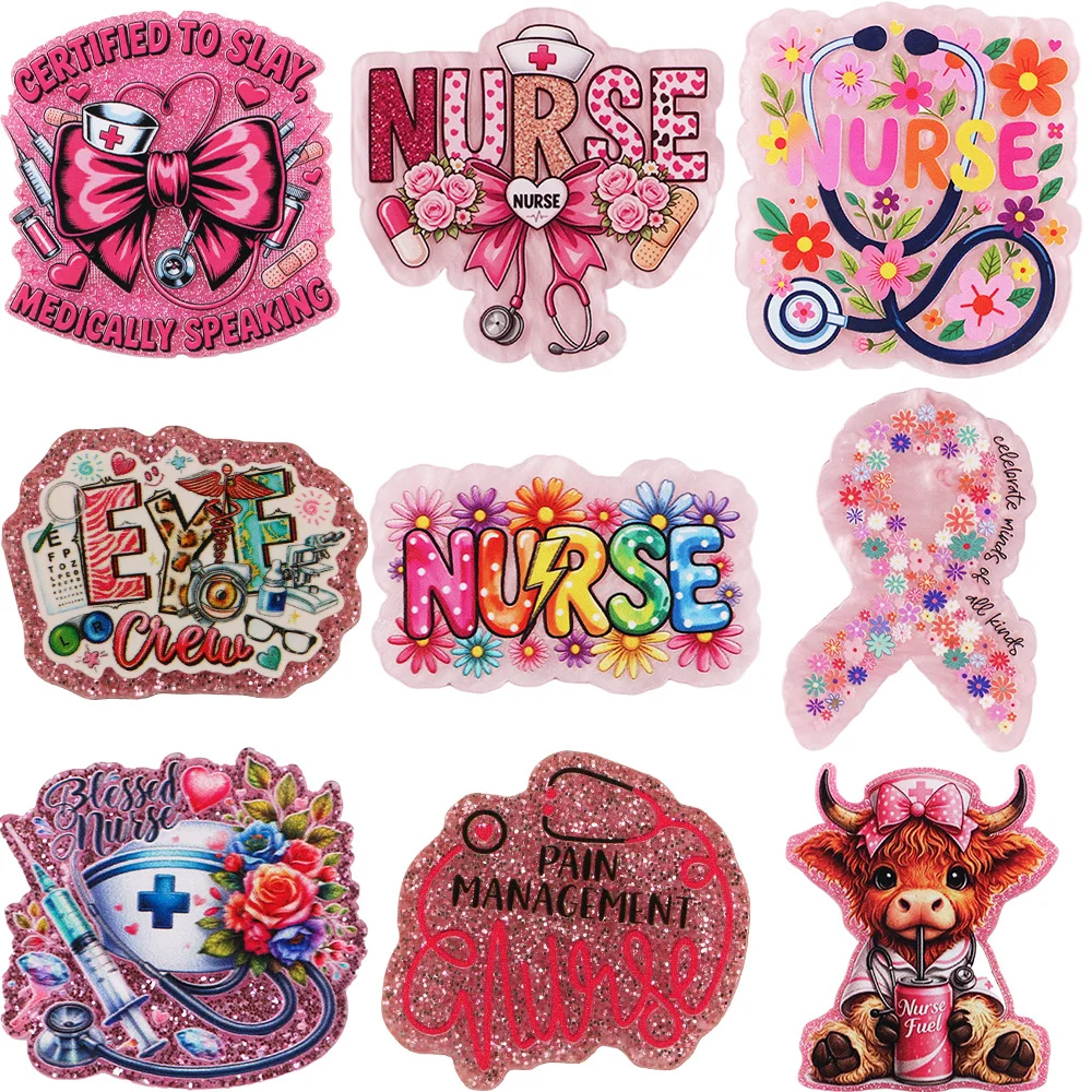10Pcs Medical Nurse Text Acrylic Flatback Pink Glitter Colorful Planar Resins DIY Accessories For Jewelry Making Brooch Card