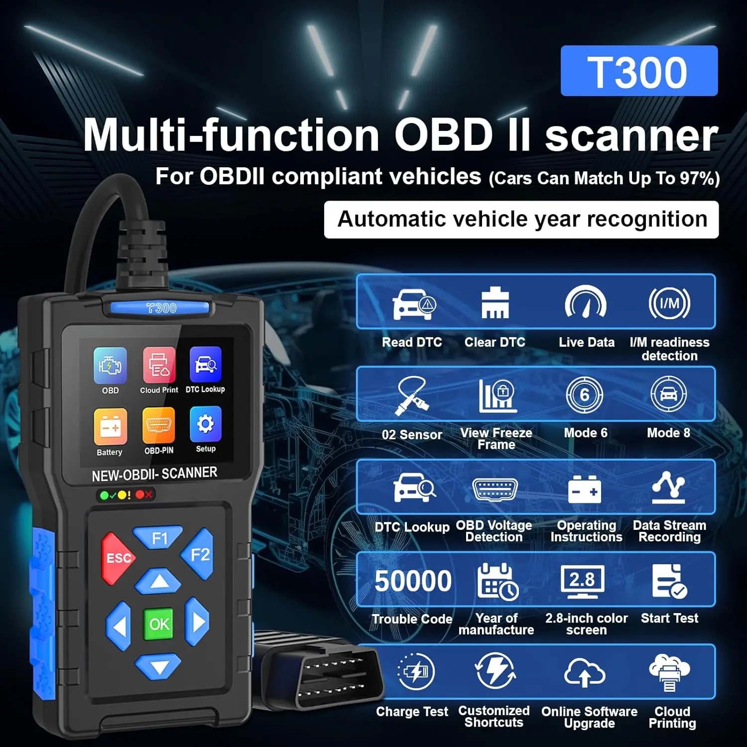 الماسح الضوئي Topdiag T300 Obd2، قارئ الرمز وأدوات المسح الضوئي I/M استعداد بدء اختبار الشحن وضع الاختبار 6 وضع 8 اختبار البطارية للسيارات