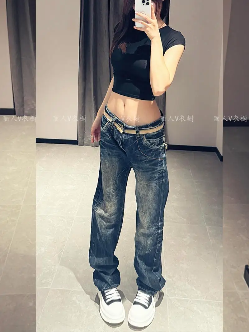 

Лето 2024, женские джинсы Y2K в стиле хип-хоп, винтажные джинсы с высокой талией, прямая уличная одежда, повседневные свободные широкие джинсовые брюки большого размера