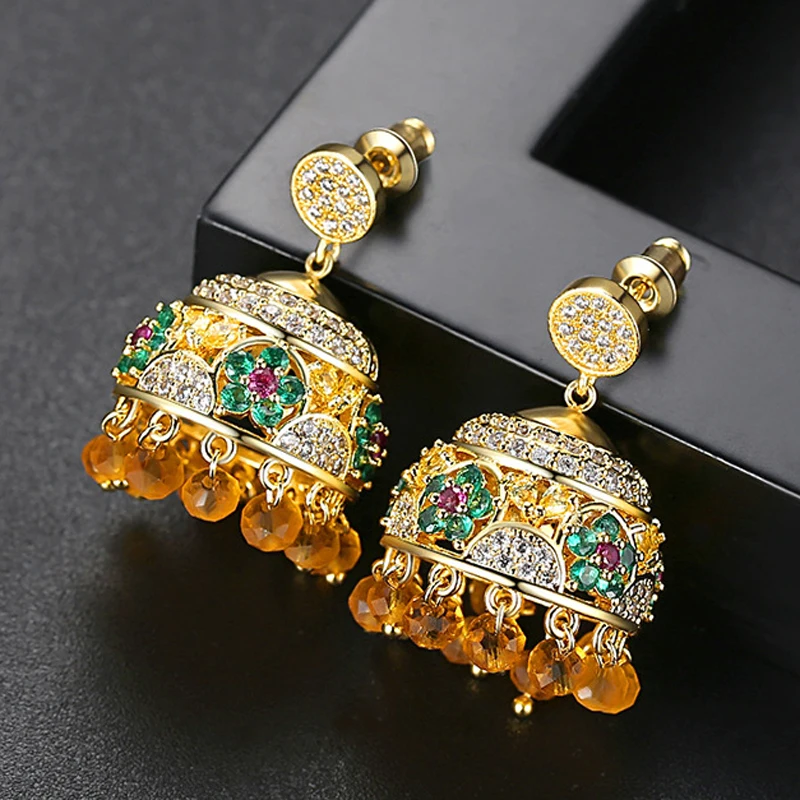 

Индийская Jhumka Jhumki, Ретро Хрустальные циркониевые золотистые серьги-подвески в виде колокольчика, свадебные украшения для невесты, цыганские этнические богемные