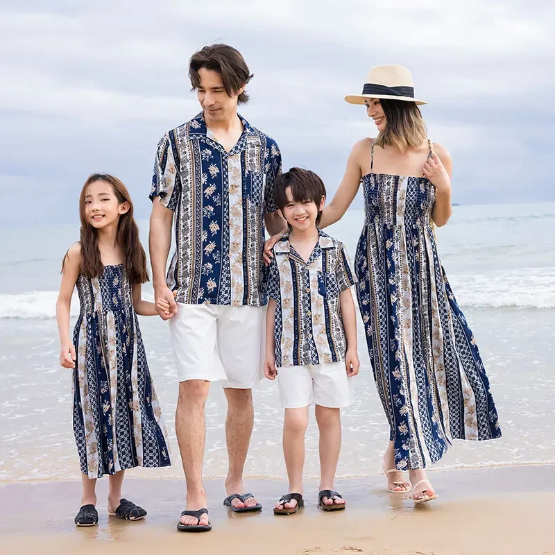

2025 Summer Family Fashion Beach Clothes Mother Daughter Matching Polynesian Smock Dress Father and Son Shirts Two Piece Sets