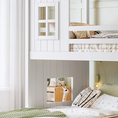 ！@Modern Solid Wood Farmhouse Kids Bunk Convertible Bed with Stairs & Space Storage for Bathroom Use 0-12 Years