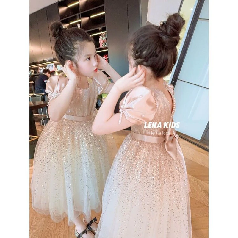 Spring Summer Childrens Princess Ball Gown Backless Birthday Glod Shiny Gauze Party Evening Dresses Girls Performance Clothing