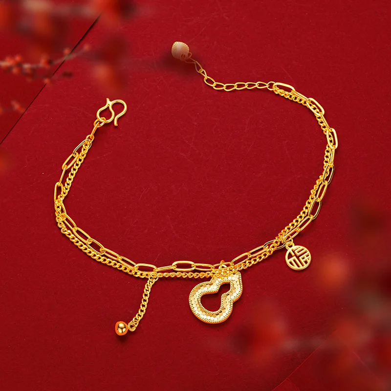 

Women Niche Design Light Luxury 9999 24K Real Gold Dragon Scale Gourd Bracelet with Lucky Character Gourd Double Line Bracelets