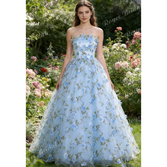 Vestido de noche boho azul claro floral formal sin tirantes
