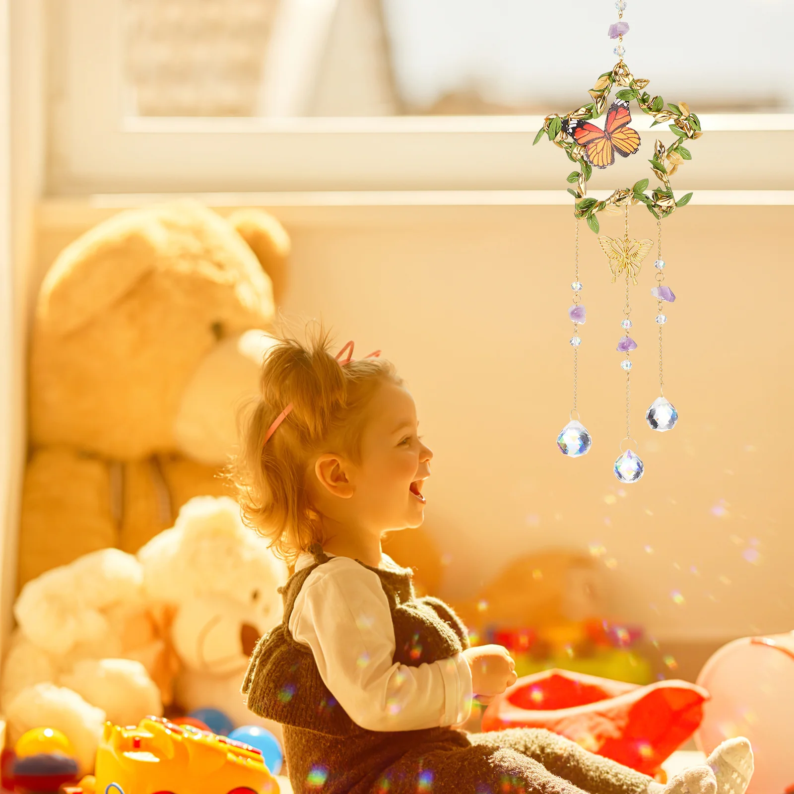 

Crystal Window Hanging Pendant Leaves Wrapped Star Suncatcher Rainbow Prism Decoration Ornament Crystal Pendant