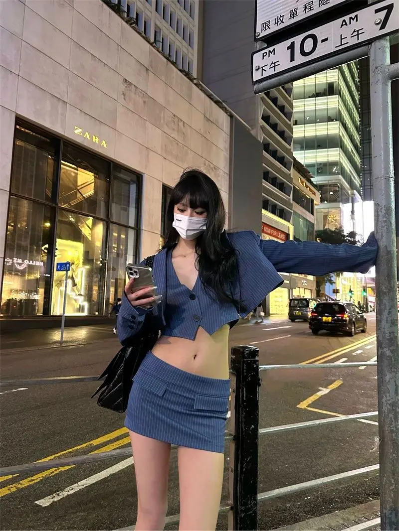 Fashionable Blue Striped Suit Jacket with Suspender Vest Vest Women\'s Summer Buttocks Short Skirt Three Piece Set Female Clothes