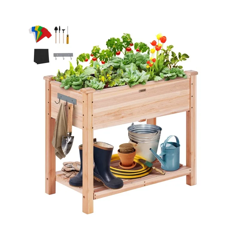 

Wooden Raised Garden Bed Planter Box Elevated/Floor w/ Whole Kit and Drainage System for Planting Flower Vegetable Herb
