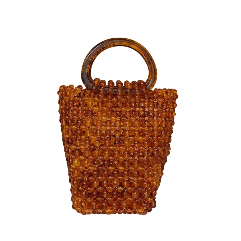 Customized Fashion Ins Handwoven Amber Hawksbill Beaded Crystal Women\'s Handbag New Vintage Texture Portable Ladies Bucket Bag