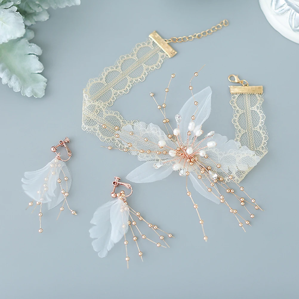 

Flower Necklace Earring Set Beaded Dangler for Women Lady Jewelry Pearl Ear Elegant Lace Design Matching Dress