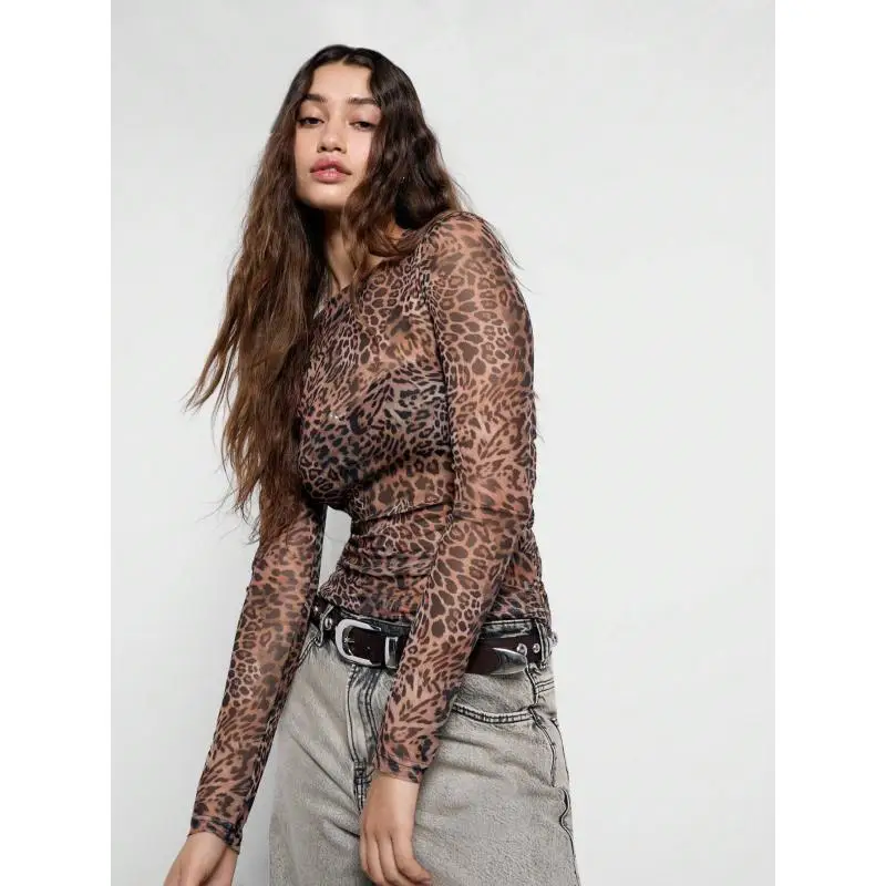 Women Leopard Print Mesh Long Sleeve Top Crew Neck Slim Fit Sheer Ruched Y2K Casual Basic Tee Shirts
